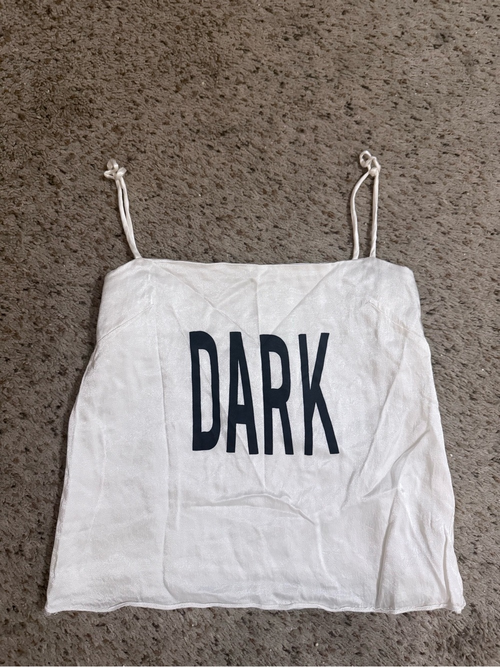 Chic White Spaghetti Strap Satin Cami Top with 'DARK' Print